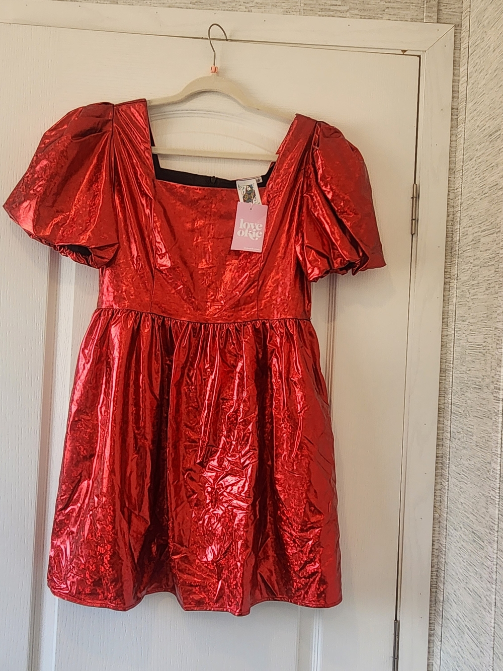 Shiny Red Puff-Sleeve Kids Dress